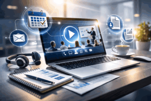 Webinar‑Interessenten verfolgen online eine Präsentation – digitale Schulung und Wissenstransfer