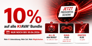 KIAVA Bundle Angebot für AVA-Software mit 10 Prozent Preisvorteil bis zum 30.06.2026 von der SIDOUN International GmbH. Die drei Software-Pakete All-In AVA Boost, KIAVA Plus und Einstieg IILSE werden grafisch dargestellt.