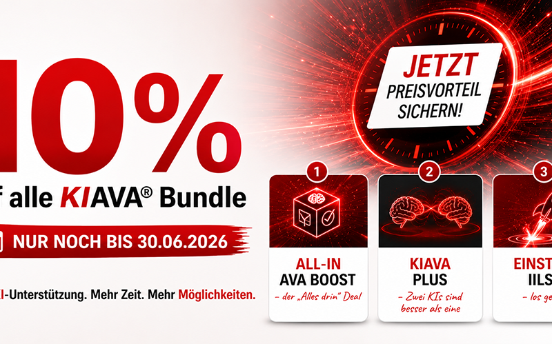 KIAVA Bundle Angebot für AVA-Software mit 10 Prozent Preisvorteil bis zum 30.06.2026 von der SIDOUN International GmbH. Die drei Software-Pakete All-In AVA Boost, KIAVA Plus und Einstieg IILSE werden grafisch dargestellt.