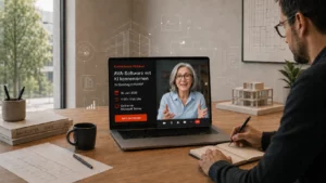 Person nimmt an einem Online-Webinar zu KIAVA® teil und sieht auf dem Laptop eine Kursleiterin sowie Informationen zum Webinar „AVA-Software mit KI kennenlernen“.