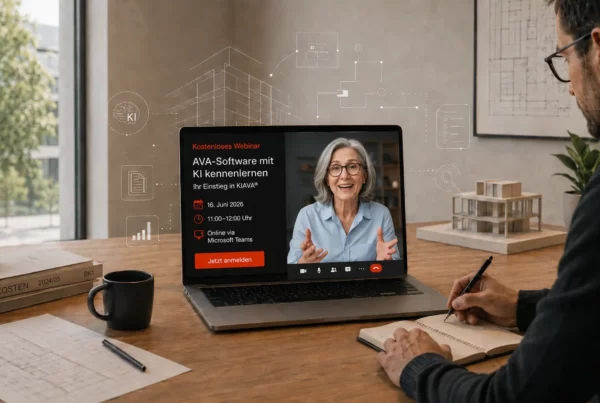 Person nimmt an einem Online-Webinar zu KIAVA® teil und sieht auf dem Laptop eine Kursleiterin sowie Informationen zum Webinar „AVA-Software mit KI kennenlernen“.