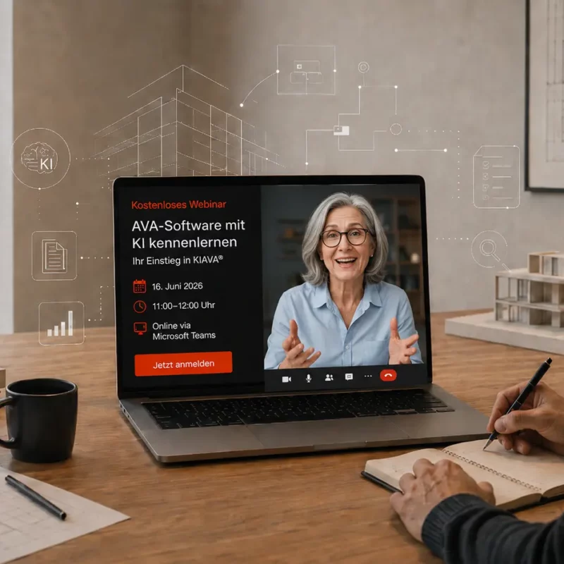 Person nimmt an einem Online-Webinar zu KIAVA® teil und sieht auf dem Laptop eine Kursleiterin sowie Informationen zum Webinar „AVA-Software mit KI kennenlernen“.
