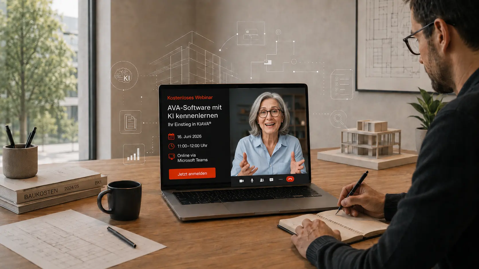 Person nimmt an einem Online-Webinar zu KIAVA® teil und sieht auf dem Laptop eine Kursleiterin sowie Informationen zum Webinar „AVA-Software mit KI kennenlernen“.