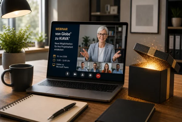 KIAVA AVA Software Kunden-Webinar im modernen Arbeitsumfeld mit Live-Webinar auf Laptop und geöffneter Überraschungsbox als Hinweis auf neue Einblicke und Themen.