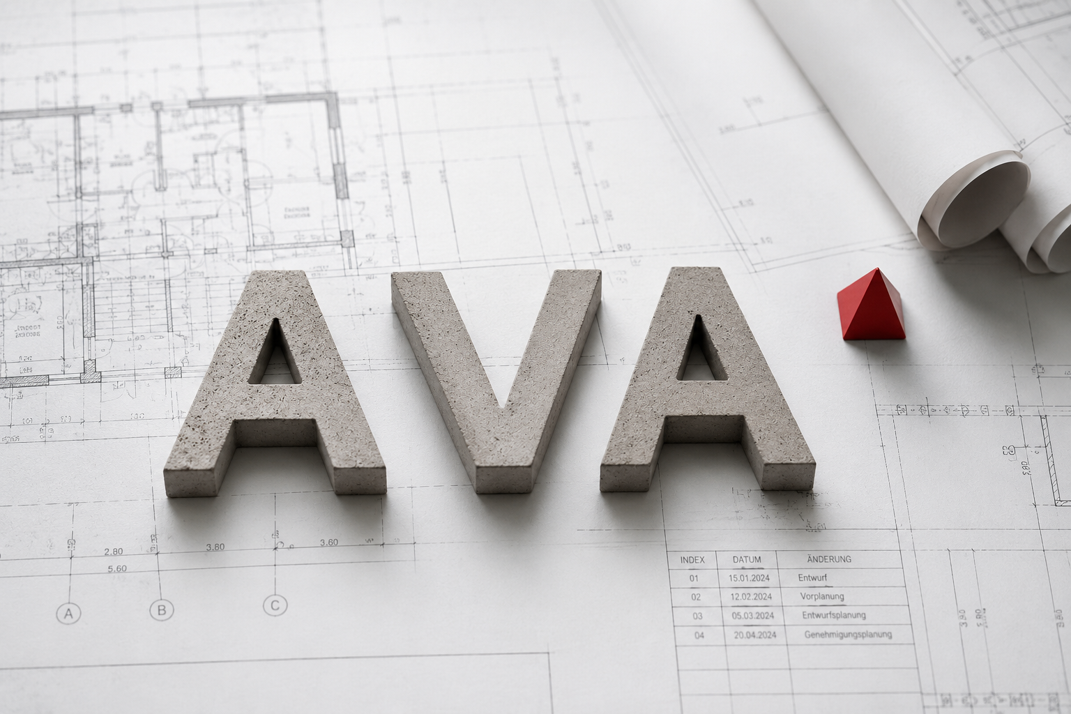 Die dreidimensionalen Buchstaben AVA aus Beton liegen auf einem detaillierten Architektur-Bauplan mit einer kleinen roten Pyramide daneben - der Beitrag handelt von AVA Definition. Ausschreibung eines Bauprojekts, Vergabe eines Bauprojekts, Abrechnung eines Bauprojekts. Leistungsverzeichnis im Bauwesen, VOB im Bauwesen