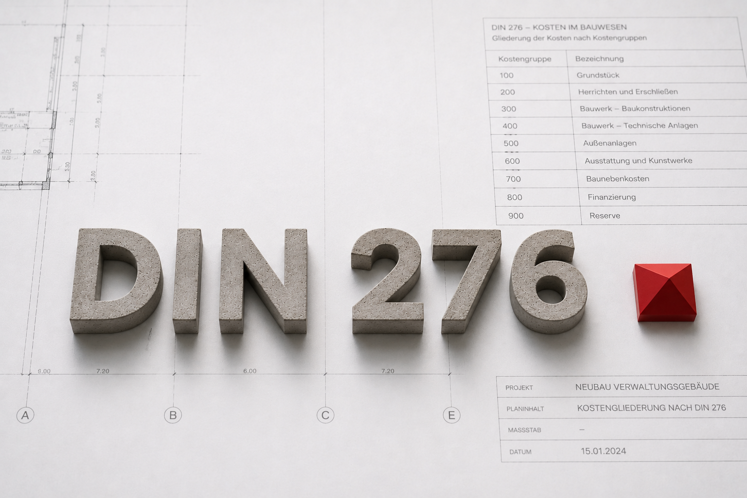 Kosten nach DIN 276 im Bauwesen: Bauplan mit Kostengliederung, Kostengruppen 100 bis 800 für Kostenplanung und Kostenermittlung sowie dreidimensionalem Schriftzug DIN 276.