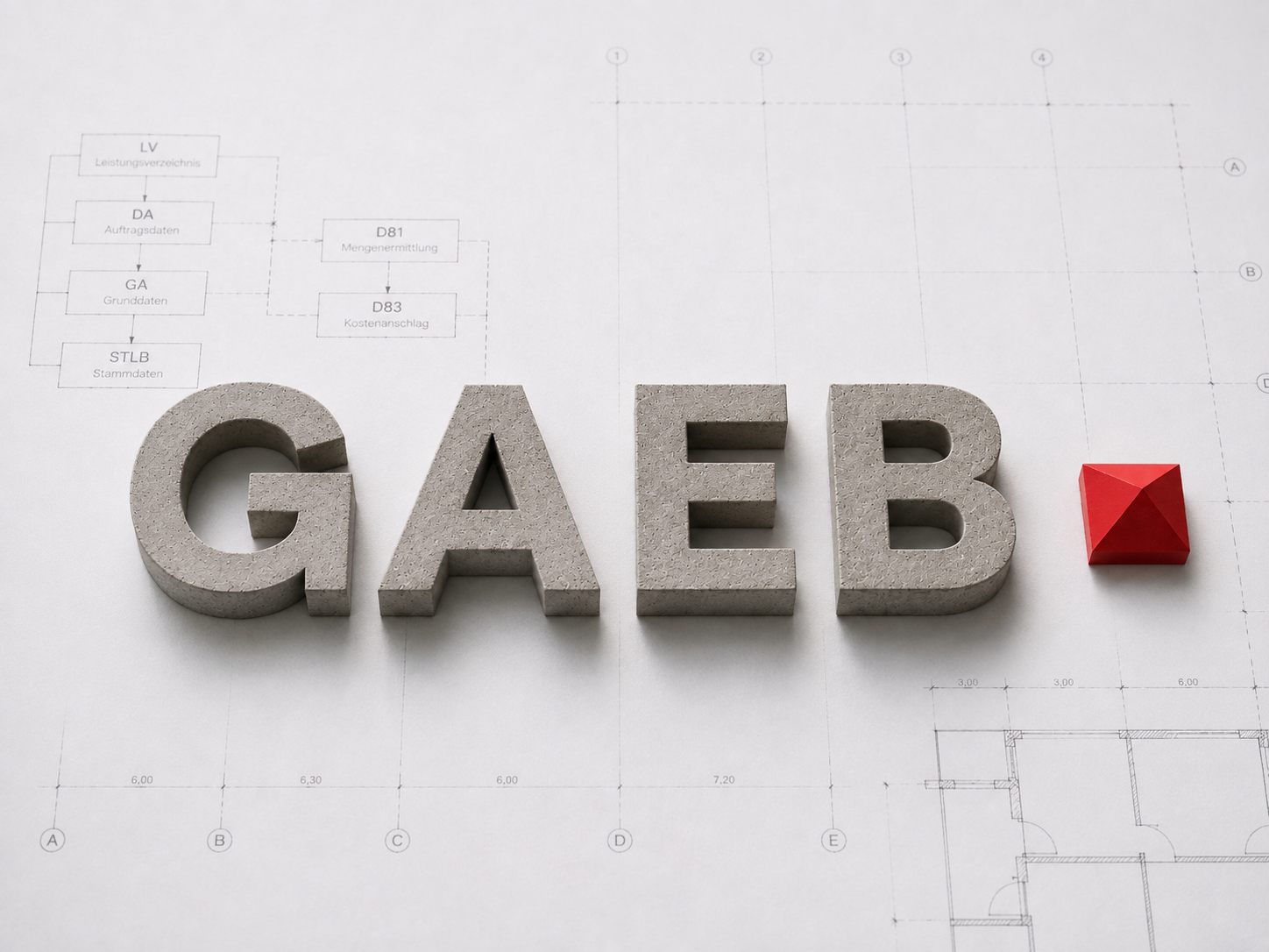 3D-Schriftzug "GAEB" aus grauem Material auf einem Bauplan mit Diagrammen zu GAEB Datenaustausch: GAEB Formaten, GAEB-Dateien und REB Bauabrechnung.
