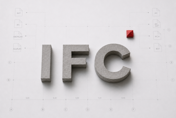 Dreidimensionale Buchstaben IFC auf einem Bauplan mit Dateiformat-Diagrammen als Symbol für den Standard IFC, die IFC Datei und die herstellerneutrale IFC Schnittstelle.