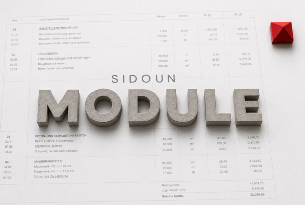 Gedrucktes Leistungsverzeichnis einer Ausschreibung mit dem Schriftzug SIDOUN MODULE in dreidimensionaler Beton-Optik und dem roten SIDOUN-Pyramiden-Logo oben rechts.